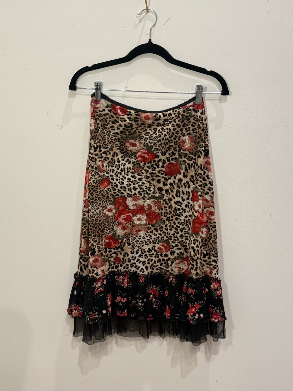 Karen Kane Leopard & Red Floral Midi Skirt with Black Ruffle Hem